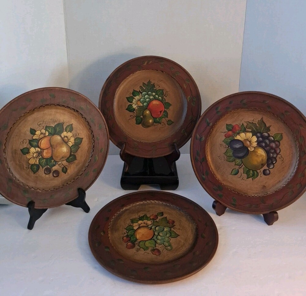 Vtg Eight(8) PC Set! Wood Fruit Plates;Signed/Dated 9" TolePainted Folk Art;Mint